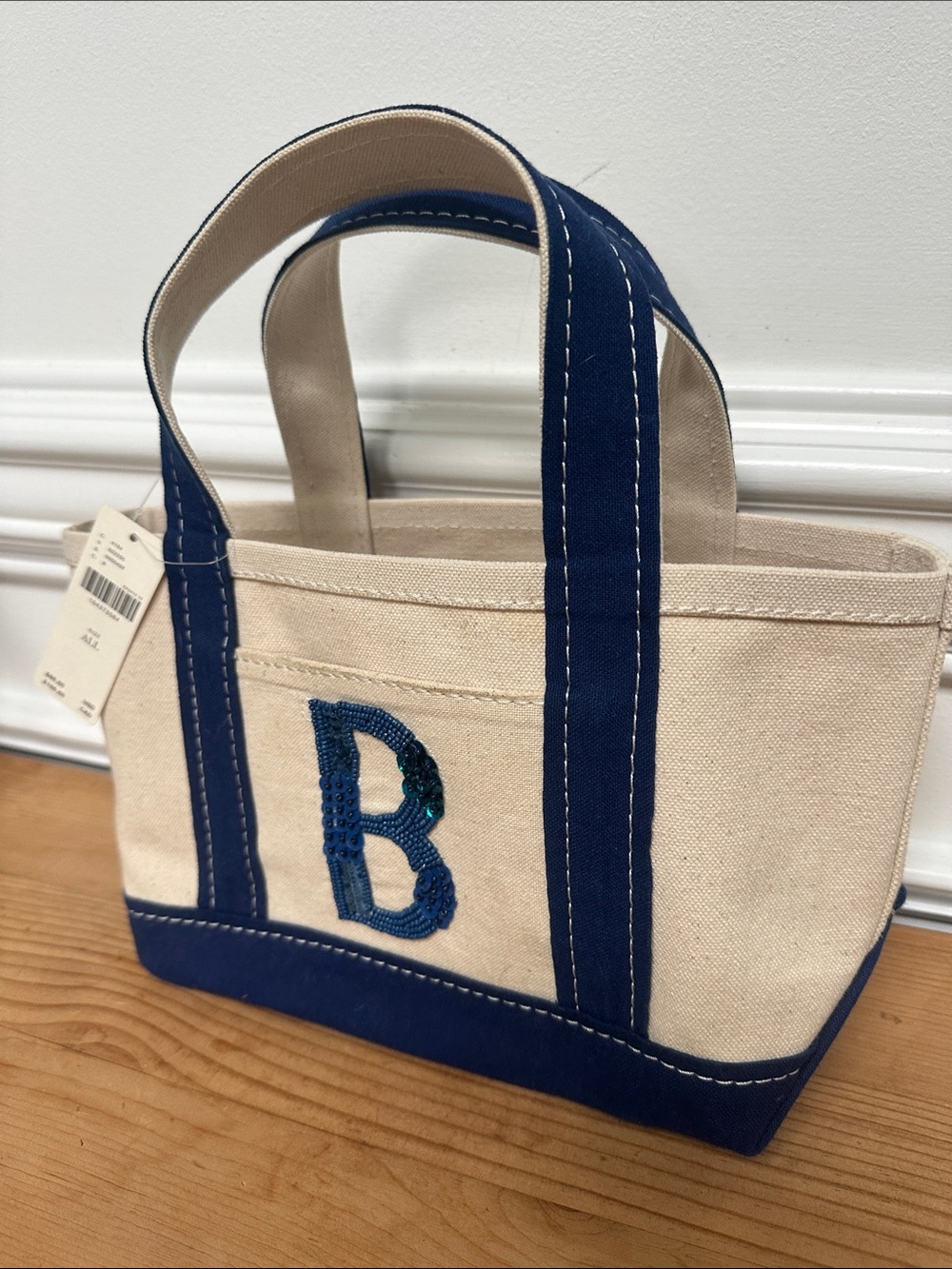 Anthropologie Canvas Tote with Navy Trim and Sequin 'B' - Picture 2 of 5